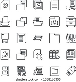 Thin Line Icon Set - office binder vector, document search, receipt, folder, photo gallery, paper, tray, archive box, usb flash