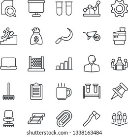 Thin Line Icon Set - office chair vector, money bag, rake, wheelbarrow, sickle, axe, blood test vial, settings, clipboard, coffee, presentation board, drawing pin, paper clip, bar graph, abacus