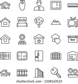 Thin Line Icon Set - office building vector, real heart, house, with garage, sun panel, fruit tree, mountains, warehouse, fence, plan, rent, estate agent, key, bedroom, sweet home, air conditioner