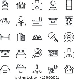 Thin Line Icon Set - office building vector, house, with garage, tree, sun panel, windmill, warehouse, rent, sold signboard, estate search, client, agent, key, bedroom, washer, cushioned furniture