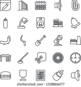 Thin Line Icon Set - office building vector, abacus, desk, calendar, shovel, hoe, sickle, caterpillar, fragile, vinyl, microphone, speaker, rca, bell, notes, cut, clock, paper clip, lamp, factory