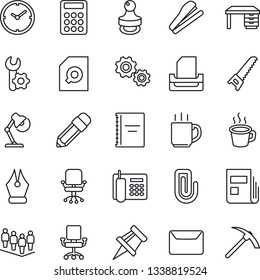 Thin Line Icon Set - office chair vector, team, desk, saw, root setup, coffee, copybook, clock, drawing pin, paper clip, news, document search, calculator, ink pen, phone, lamp, tray, pencil, stamp