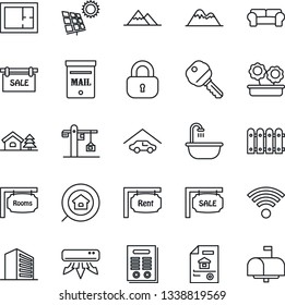 Thin Line Icon Set - office building vector, contract, house with tree, mailbox, sun panel, mountains, garage, fence, plan, estate document, sale, rent, rooms, search, key, lock, bathroom, wireless