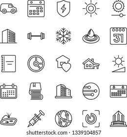 Thin Line Icon Set - office building vector, circle chart, sun, syringe, barbell, network, protect, calendar, brightness, eye id, copybook, book, house with garage, pond, sweet home, snowflake, car