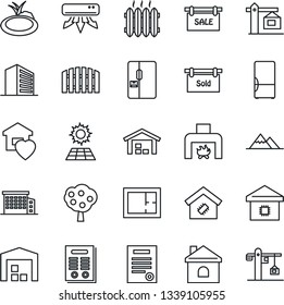 Thin Line Icon Set - office building vector, house, pond, contract, sun panel, fruit tree, mountains, warehouse, fence, plan, sale, sold signboard, sweet home, fireplace, heater, air conditioner