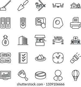 Thin Line Icon Set - office building vector, binder, printer, trowel, well, hoe, pills, hospital, clock, torch, monitor statistics, checklist, house with tree, estate agent, serviette, cafe table