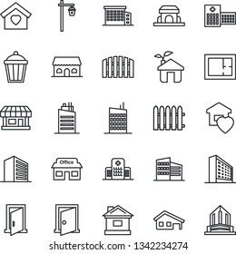 Thin Line Icon Set - office building vector, fence, house, garden light, hospital, store, with garage, plan, sweet home, city, cafe, eco, door