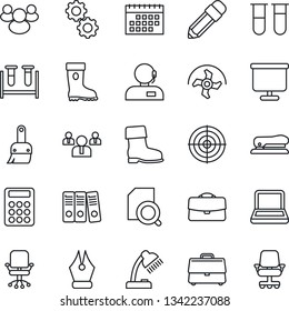 Thin Line Icon Set - office chair vector, team, ripper, boot, blood test vial, group, themes, calendar, case, presentation board, document search, calculator, ink pen, support, paper binder, target