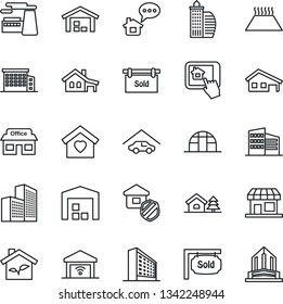 Thin Line Icon Set - office building vector, factory, greenhouse, store, house with garage, tree, warehouse, sold signboard, sweet home, estate insurance, eco, control app, warm floor, gate, message