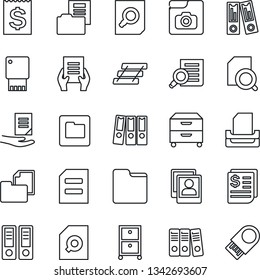 Thin Line Icon Set - office binder vector, document search, receipt, folder, photo gallery, paper, tray, archive box, usb flash