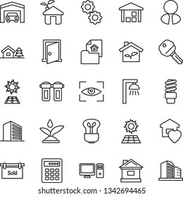 Thin Line Icon Set - office building vector, house, warehouse, with tree, sun panel, garage, estate document, sold signboard, agent, key, sweet home, eco, irrigation, pc, gear, water filter, bulb