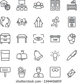 Thin Line Icon Set - office binder vector, pen, flower in pot, plant label, scales, run, real heart, update, bell, hr, archive box, sold signboard, estate agent, children room, table, insurance