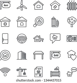 Thin Line Icon Set - office building vector, house, with garage, windmill, fruit tree, estate document, rent, sold signboard, search, client, children room, table, sweet home, heater, fridge, smart