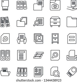Thin Line Icon Set - office binder vector, document search, receipt, folder, photo gallery, paper, tray, archive box, usb flash