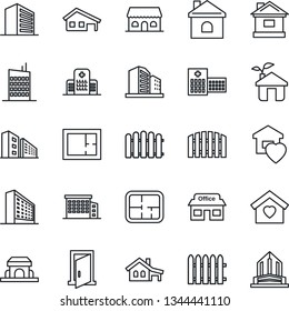Thin Line Icon Set - office building vector, fence, house, hospital, store, with garage, plan, sweet home, city, cafe, eco, door