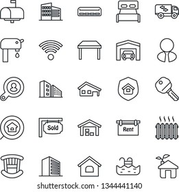 Thin Line Icon Set - office building vector, house, with garage, pool, water supply, warehouse, rent, sold signboard, estate search, client, agent, key, bedroom, children room, table, moving, heater