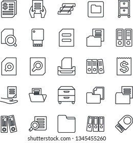 Thin Line Icon Set - office binder vector, document search, receipt, folder, paper, tray, archive box, usb flash
