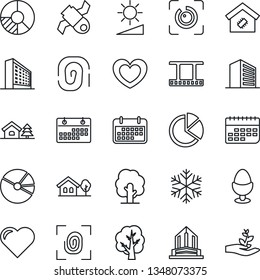 Thin Line Icon Set - office building vector, circle chart, tree, heart, satellite, term, film frame, brightness, eye id, calendar, pie graph, house with, smart home, egg stand, fingerprint