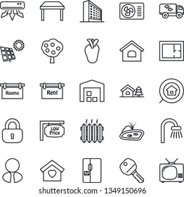 Thin Line Icon Set - office building vector, real heart, house, with tree, pond, sun panel, fruit, warehouse, plan, rent, rooms, low price signboard, estate search, agent, key, lock, table, bathroom