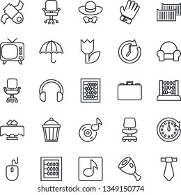 Thin Line Icon Set - office chair vector, case, abacus, mouse, glove, garden light, satellite, cargo container, umbrella, tulip, tv, headphones, music, cushioned furniture, restaurant table, ham