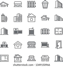 Thin Line Icon Set - office building vector, fence, house, garden light, hospital, store, with garage, plan, sweet home, city, cafe, door