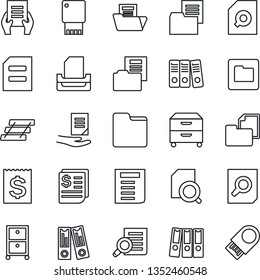 Thin Line Icon Set - office binder vector, document search, receipt, folder, paper, tray, archive box, usb flash
