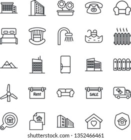 Thin Line Icon Set - office building vector, pool, windmill, mountains, fence, estate document, sale, rent, search, bedroom, children room, bathroom, cushioned furniture, moving, sweet home, heater