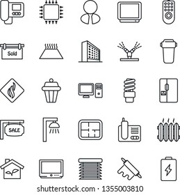 Thin Line Icon Set - office building vector, tv, radio phone, plan, sale, sold signboard, estate agent, heater, fridge, rolling pin, chip, eco house, remote control, irrigation, intercome, pc