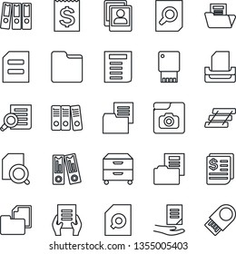 Thin Line Icon Set - office binder vector, document search, receipt, folder, photo gallery, paper, tray, archive box, usb flash