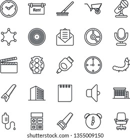 Thin Line Icon Set - office building vector, calculator, notepad, circle chart, rake, wheelbarrow, saw, caterpillar, dropper, traffic light, clapboard, vinyl, microphone, mail, hdmi, alarm, clock