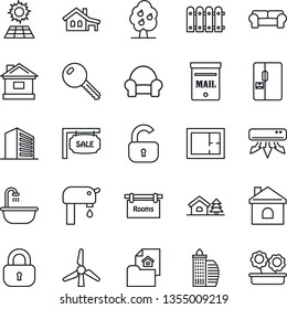 Thin Line Icon Set - office building vector, house, with garage, tree, mailbox, sun panel, windmill, water supply, fruit, fence, plan, estate document, sale, rooms, key, lock, bathroom, fridge