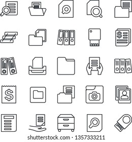 Thin Line Icon Set - office binder vector, document search, receipt, folder, photo gallery, paper, tray, archive box, usb flash