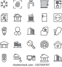 Thin Line Icon Set - office building vector, house, warehouse, water supply, estate document, agent, key, smart home, city, control, socket, fingerprint, remote, heater, wireless, snowflake, pc