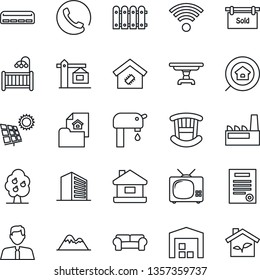 Thin Line Icon Set - office building vector, contract, house, sun panel, water supply, fruit tree, mountains, warehouse, fence, estate document, sold signboard, search, agent, children room, table