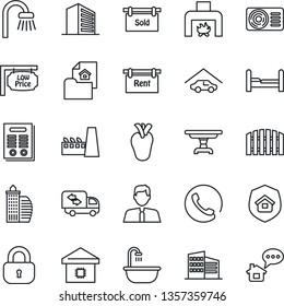 Thin Line Icon Set - office building vector, real heart, contract, garage, fence, estate document, rent, sold signboard, low price, agent, lock, bedroom, table, bathroom, moving, fireplace, phone