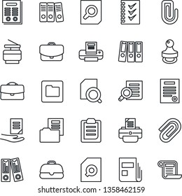 Thin Line Icon Set - office binder vector, document search, printer, folder, clipboard, case, paper clip, news, checklist, copier, contract, stamp