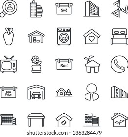 Thin Line Icon Set - office building vector, real heart, house with tree, windmill, garage, warehouse, rent, sold signboard, low price, client search, estate agent, bedroom, table, washer, tv, smart