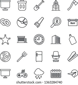 Thin Line Icon Set - office building vector, presentation board, calendar, shovel, farm fork, saw, rain, axe, clock, vinyl, gamepad, chain, pie graph, stapler, rent, cutting, police, trash bin