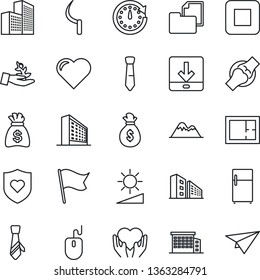 Thin Line Icon Set - office building vector, mouse, money bag, sickle, heart, shield, hand, joint, folder document, stop button, download, brightness, tie, mountains, plan, fridge, palm sproute