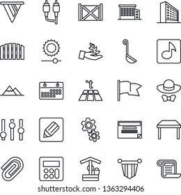 Thin Line Icon Set - office building vector, pennant, well, container, settings, rca, calculator, notes, brightness, music, calendar, paper clip, mountains, fence, table, dress code, ladle, gear