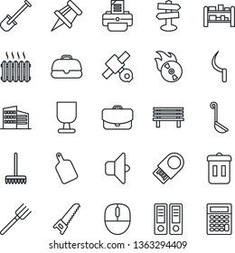 Thin Line Icon Set - office binder vector, mouse, printer, shovel, farm fork, rake, saw, sickle, bench, signpost, satellite, fragile, rack, flame disk, drawing pin, building, heater, ladle, sound