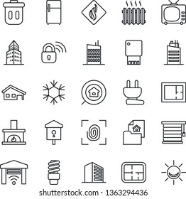 Thin Line Icon Set - office building vector, bird house, tv, with garage, plan, estate document, search, fireplace, heater, city, power plug, fingerprint, wireless lock, snowflake, smoke detector