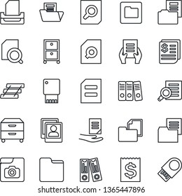 Thin Line Icon Set - office binder vector, document search, receipt, folder, photo gallery, paper, tray, archive box, usb flash