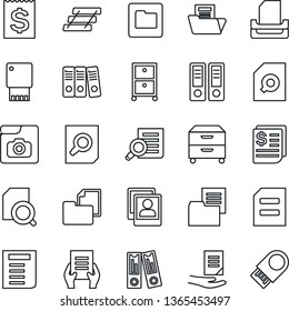 Thin Line Icon Set - office binder vector, document search, receipt, folder, photo gallery, paper, tray, archive box, usb flash