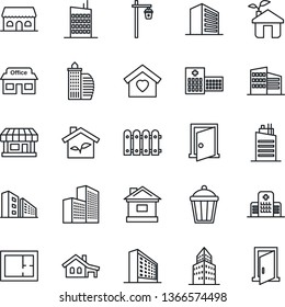 Thin Line Icon Set - office building vector, house, garden light, hospital, store, with garage, fence, plan, sweet home, city, cafe, eco, door