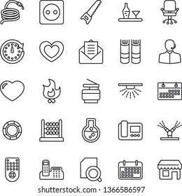 Thin Line Icon Set - office chair vector, book, saw, fire, hose, heart, term, remote control, mail, calendar, document search, abacus, phone, support, copier, alcohol, socket, irrigation, intercome