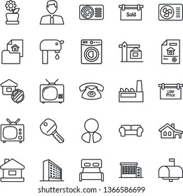 Thin Line Icon Set - office building vector, house, with garage, water supply, estate document, sold signboard, low price, agent, key, bedroom, washer, cushioned furniture, air conditioner, tv