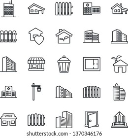 Thin Line Icon Set - office building vector, fence, garden light, hospital, store, house with garage, plan, sweet home, city, eco, door