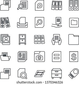 Thin Line Icon Set - office binder vector, document search, receipt, folder, photo gallery, paper, tray, archive box, usb flash