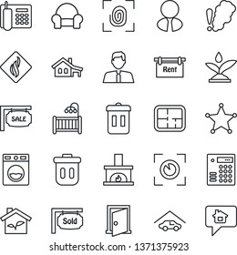 Thin Line Icon Set - office phone vector, house with garage, plan, sale, rent, sold signboard, estate agent, children room, cushioned furniture, fireplace, eco, fingerprint, irrigation, washer, door